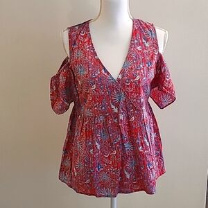 Lucky Brand Floral Cold Shoulder Baby Doll Blouse Flowy size S